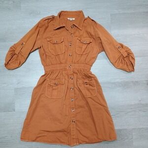 Mph Collection Orange Button Pocket Dress 3/4 Sleeve Above Knee Size Medium